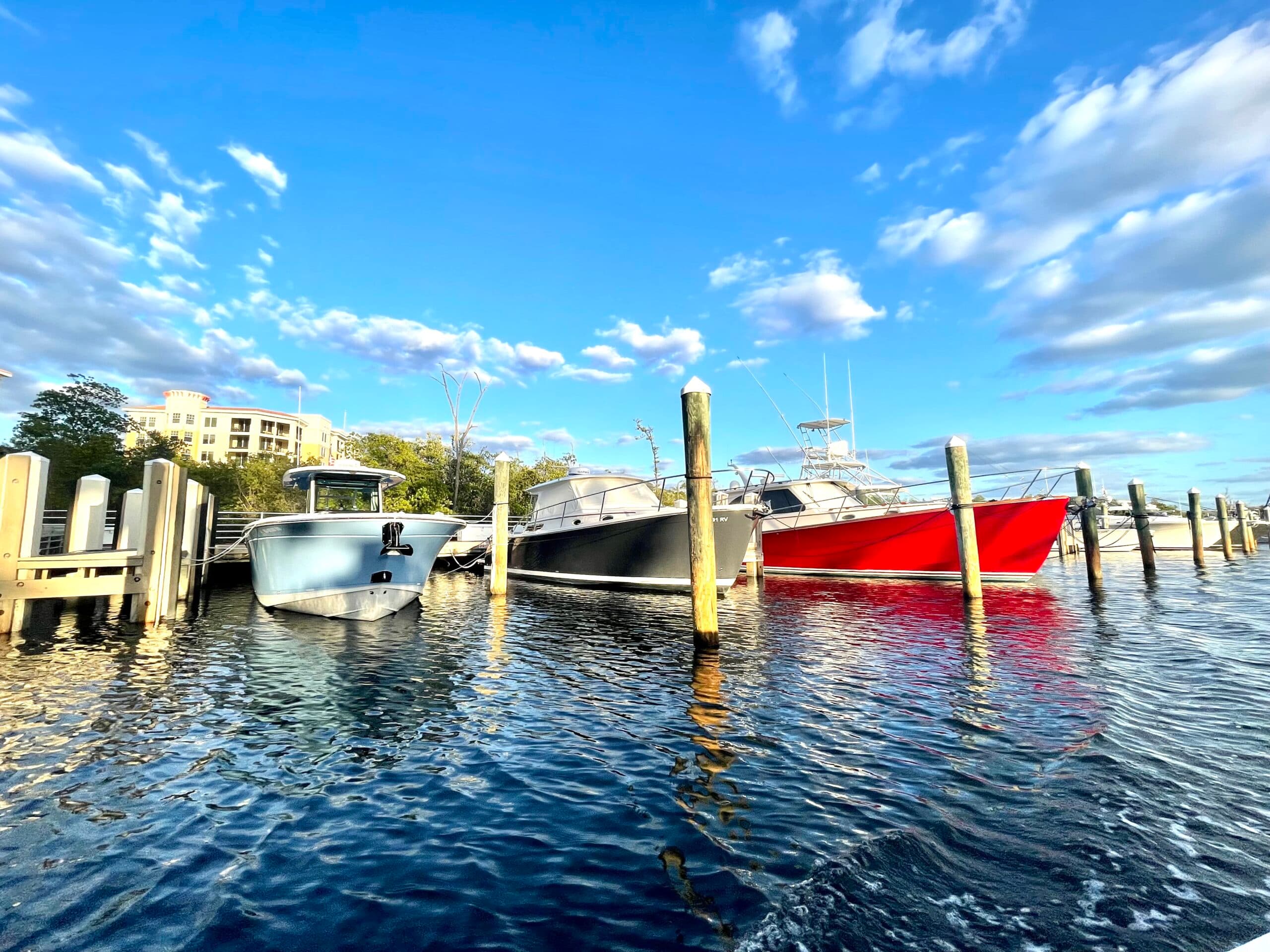 Boats moored at the dock in Falmouth, Massachusetts on a clear afternoon